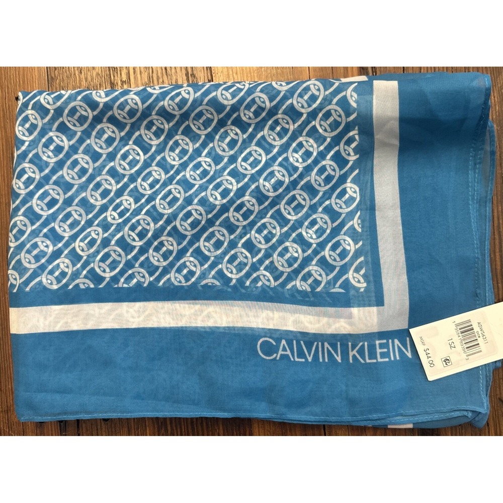 NWT CALVIN KLEIN Chain print chiffon Women's oblong scarf - OCEAN BLUE